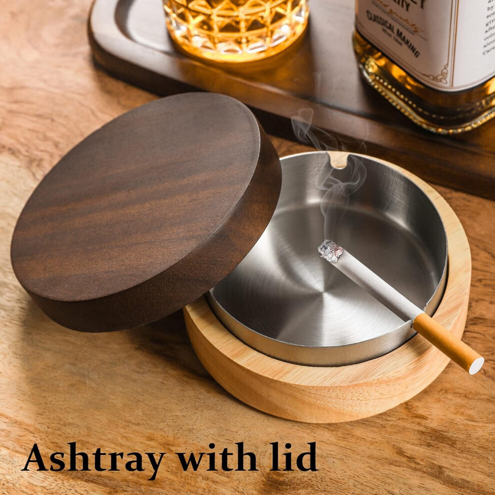 Cute Ashtrays for Cigarettes Ash Tray with Lid  Wooden Ashtray with Stainless Steel Portable Decorative Ashtray Windproof