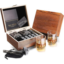 Whiskey Glasses Set - Fine Wood Gift Box, With 2x Whiskey Glasses, 8x Granite Whiskey Stones, Velvet Bag And Clip, Gift For Men