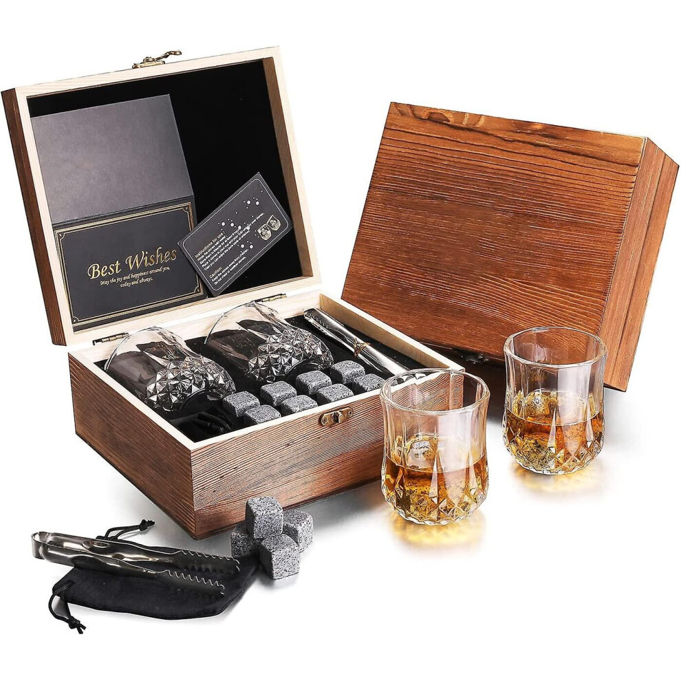 Whiskey Glasses Set - Fine Wood Gift Box, With 2x Whiskey Glasses, 8x Granite Whiskey Stones, Velvet Bag And Clip, Gift For Men