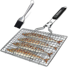 Fish Grilling Basket, Folding Portable Stainless Steel Bbq Grill Basket For Fish Vegetables Shrimp With Removable Handle (13.8*8.6inches)