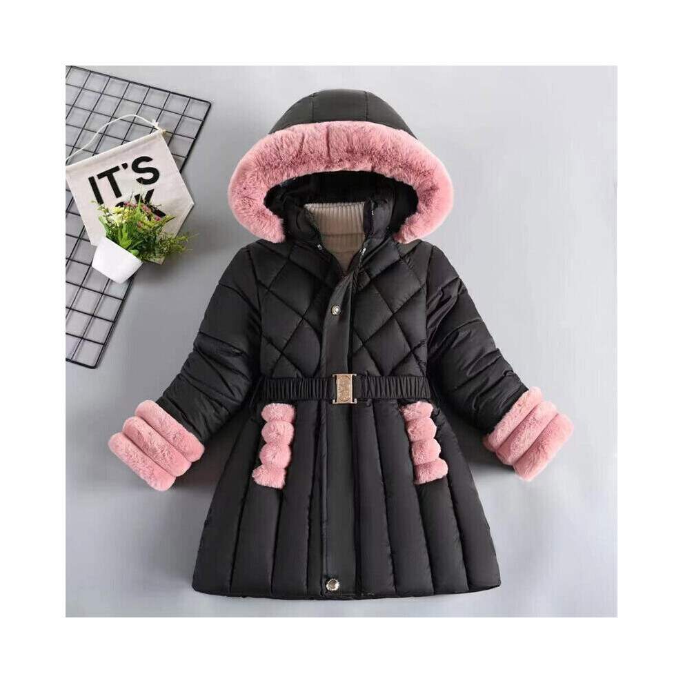 (  Black,   140 ( 7-8 Years )) Girls Winter Coat Hooded W/Faux Fur Parka School Jackets Outwear Hoilday