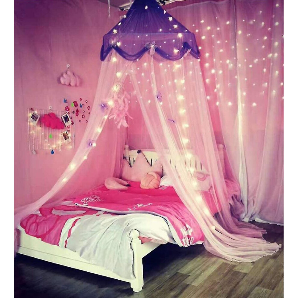 Princess Bed Canopy With Lights Curtain Mosquito Net With Gold Star For Girls Kids Bedroom Decoration Fit For Twin Single Full Queen Size