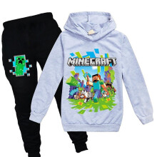 (Grey, 13-14 Years) Kids Minecraft Tracksuit Set Sports Print Hoodie Pants Casual Outfit Suit