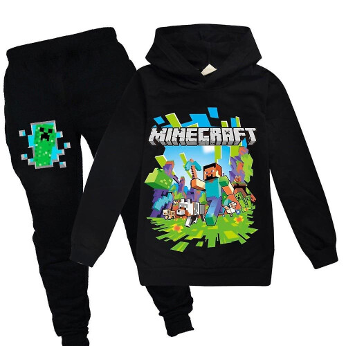 (Black, 9-10 Years) Kids Minecraft Tracksuit Set Sports Print Hoodie Pants Casual Outfit Suit