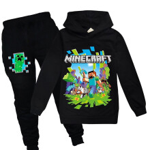 (Black, 11-12 Years) Kids Minecraft Tracksuit Set Sports Print Hoodie Pants Casual Outfit Suit