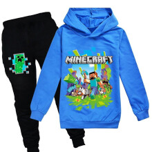 (Blue, 7-8 Years) Kids Minecraft Tracksuit Set Sports Print Hoodie Pants Casual Outfit Suit