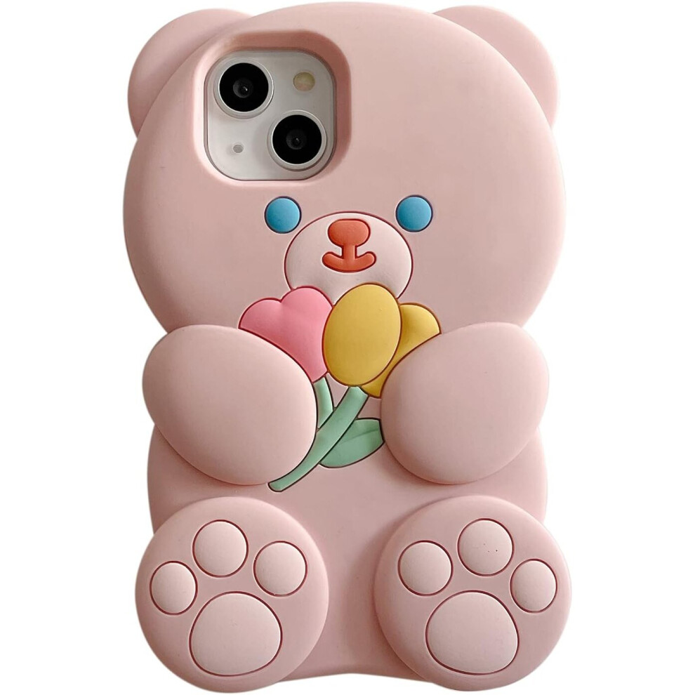 Phone Cases Apply To Iphone13pro,Cute Cartoon Bear Phone Case With Flower Teddy Bear Phone Case 3D Iphone11 Case Soft Silicone Shockproof Cover Pink 7770197751698