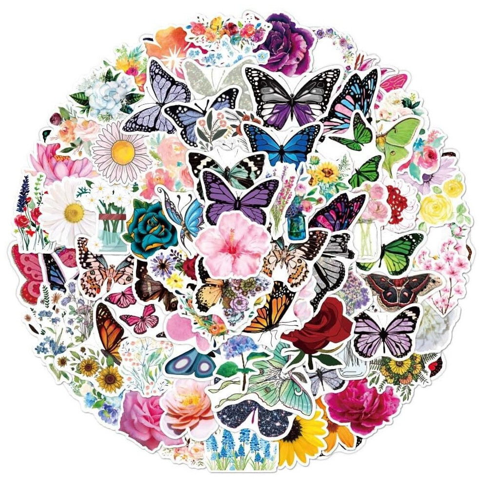 100pcs Flower Butterfly  DecalsGirls Kids, Cute Aesthetic Waterproof Vinyl Stickers for Water Bottle Laptop Computer Skateboard  Bike Tumler Luggage