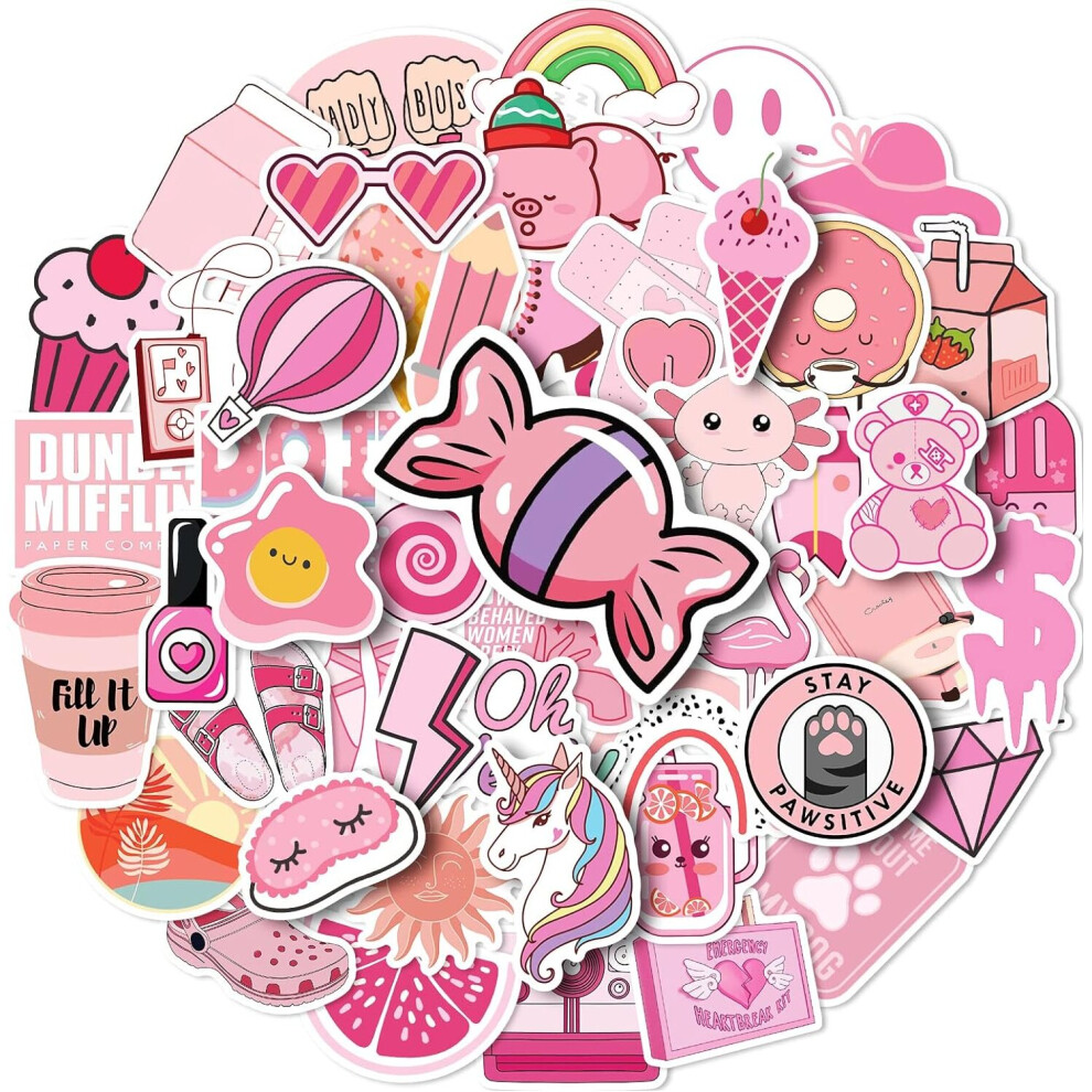 Tianfu Kawaii50pcs Girl's Aesthetic Stickers, Cute Stickers For Children, Vinyl Waterproof Stickers, Water Bottle Laptop, Water Bottle Skateboard Pink