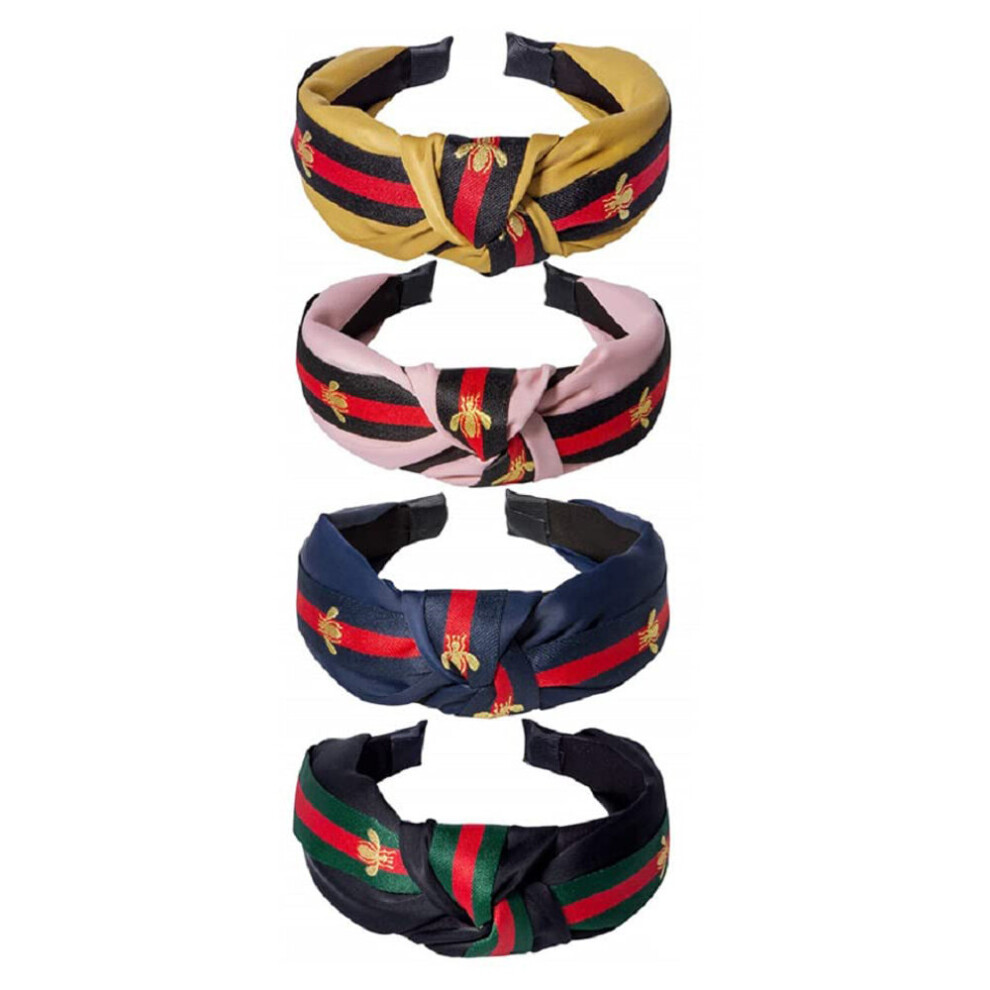 4Pcs Knotted Bee Animal Headbands For Women Bee Headband Knotted Wide Hair Accessories-Navy + Turmeric + Pink + Black