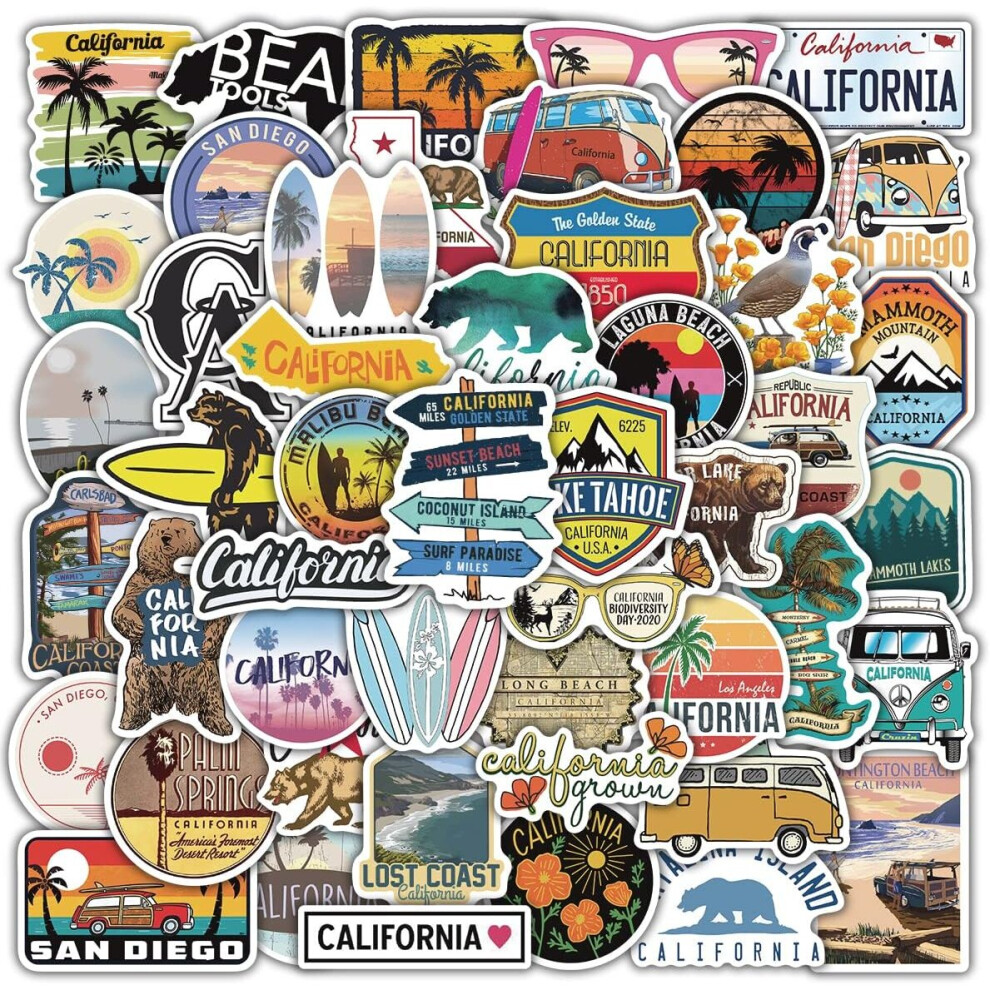 50 California water bottle stickers vinyl waterproof stickers notebook luggage scrapbook guitar skateboard travel stickers