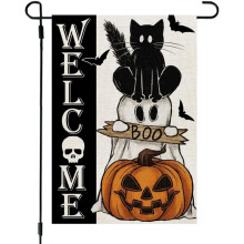 Halloween Ghost Cat Boo Garden Flag 12x18 Inch Small Double Sided Burlap Welcome Seasonal Holiday Yard Outside