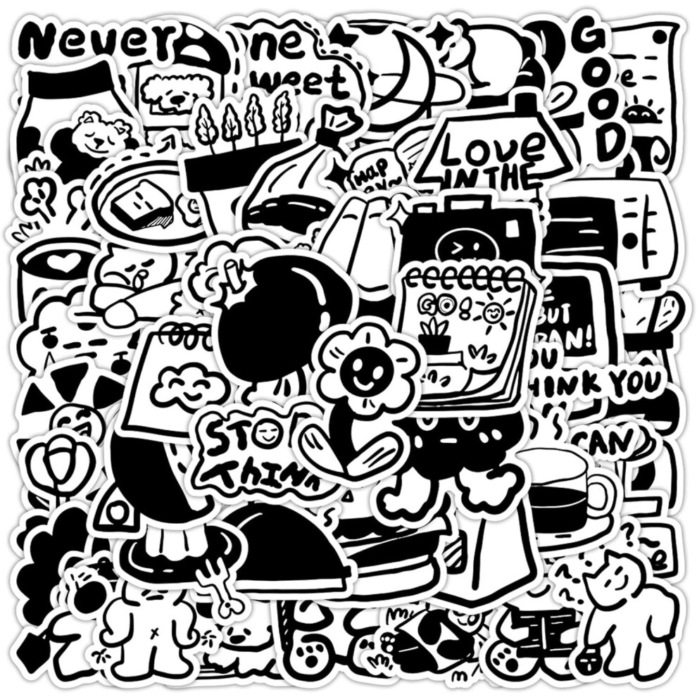 Tianfu 60Pcs Korean Style Stickers For Water Bottle Laptop Skateboard Bicycle Luggage Guitar Diy Decals Patches Vinyl Waterproof Stickers For & Black/White
