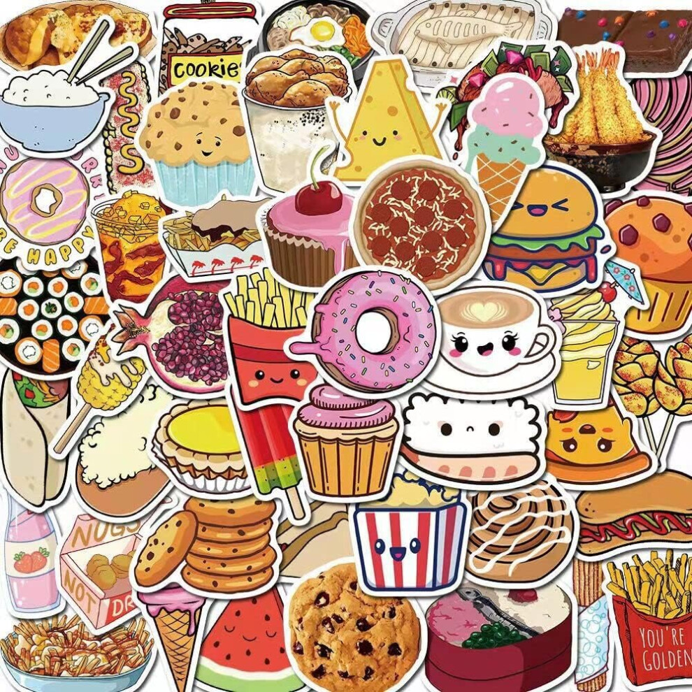 Tianfu 50Pcs Food Stickers Doodle Pvc Waterproof Stickers Cute Funny Trendy Decals Sticker Pack For Laptop,Phone,Skateboard,Luggage,Water Bottle