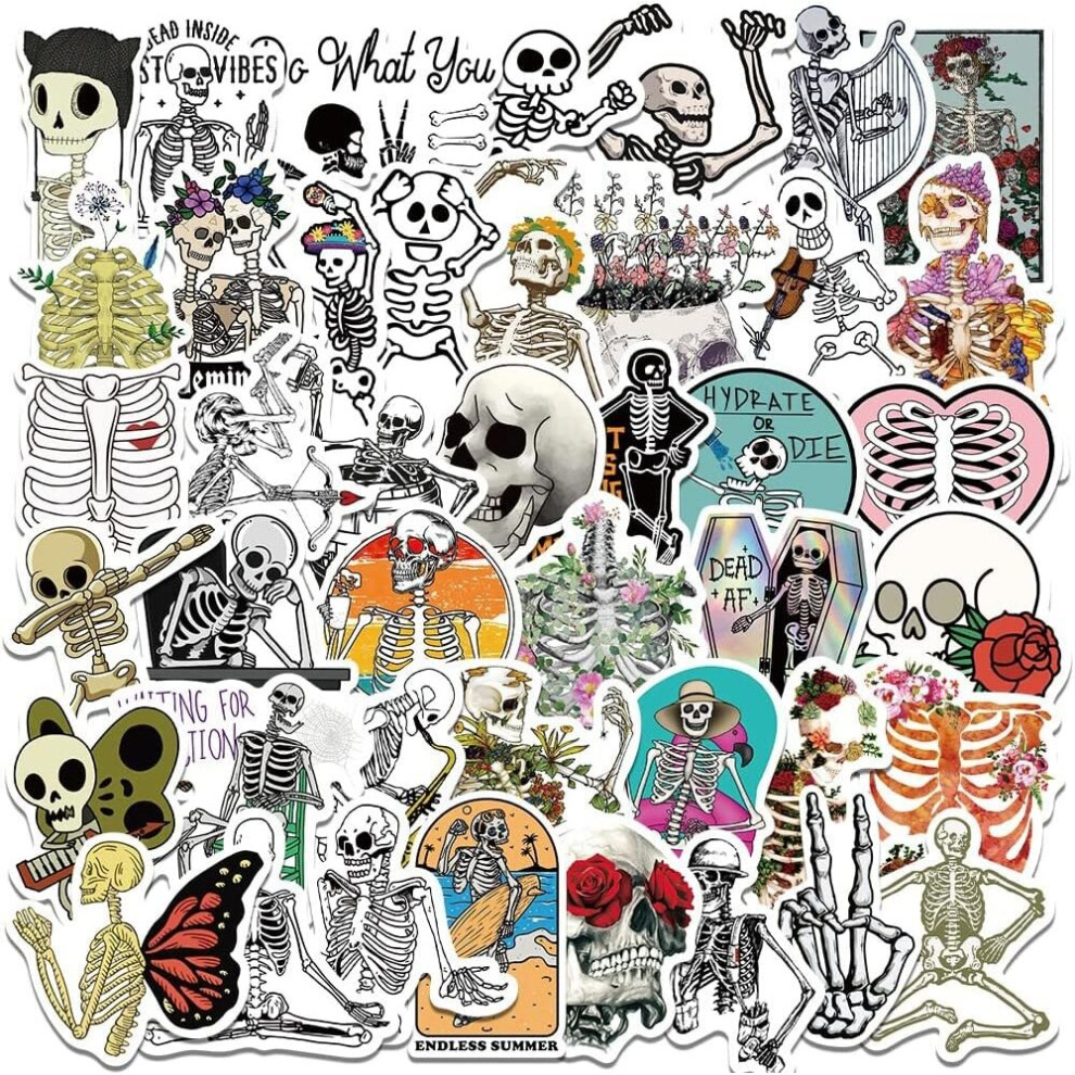 50PCS Gothic Skeleton Stickers,Waterproof Vinyl Skull Stickers for Water Bottle,Laptop,Luggage,Phone,Skateboard,Cars,Guitar,Luggage,Helmet,Bumper