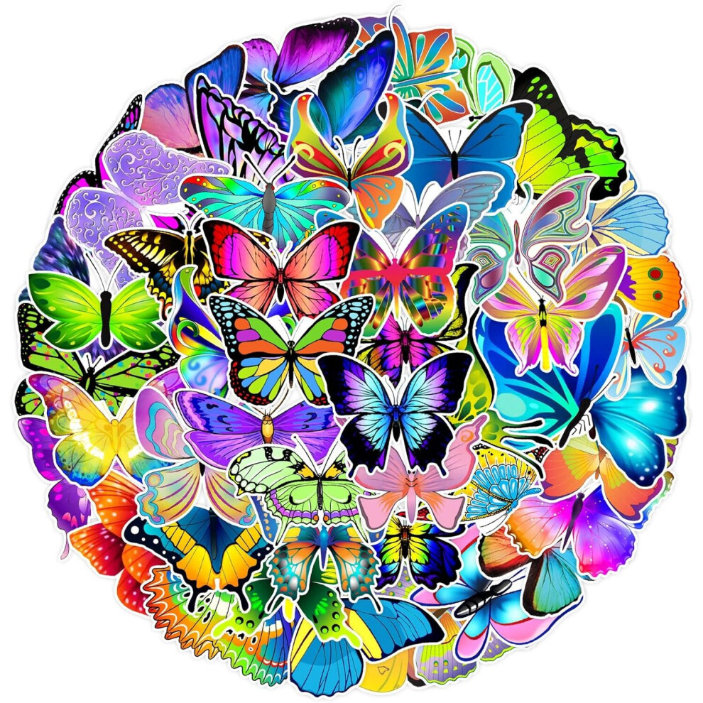 50 Pack Butterfly Stickers Bright Decals Vinyl for Water Bottle Luggage Laptop Cup Suitcase Wall Bedroom Waterproof Stickers for Teens Adults Kids