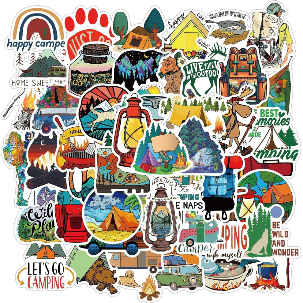 50pcs Camping Doodle PVC Waterproof Stickers Cute Funny Trendy Decals for Kids Adults Sticker Pack for Laptop,Phone, Skateboard,Luggage,Water Bottle
