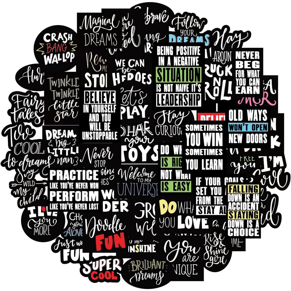 Tianfu 50 Pcs Black White Motivational Quote Stickers For Teens,Positive Words Stickers For Laptop Skateboard Luggage Bike Guitar White,Black