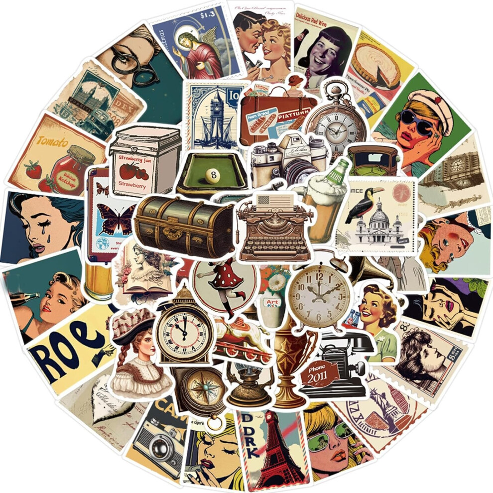 50 pieces retro European and American computer stickers, classic vinyl graffiti decals for water bottle diary suitcase skateboard car helmet