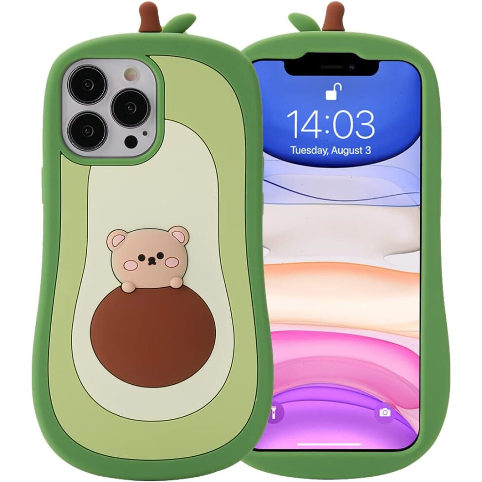 Iphone 14 Pro Avocado Case,3D Cute Cartoon Kids Girls Women Kawaii Lovely Bear Avocado Shape Soft Silicone Case 7770197750554