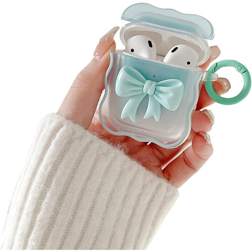 Compatible for AirPods Case Soft Clear TPU with Cute 3D Colour Bow Design Shockproof Keychain Cover for Girls Woman Airpods 2 &1-Blue