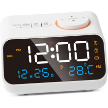 LED Alarm Clock, Multifunctional Stylish Digital Display FM Radio Clock for Bedroom (White)