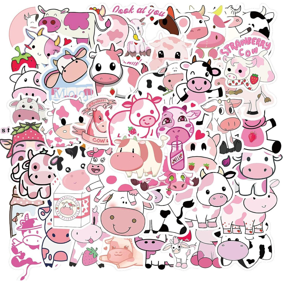 Tianfu Cute Pink Cow Sticker Kawaii Stickers For Party Vinyl Waterproof Cartoon Animal Stickers For Water Bottle,Laptop,Envelopes,Crafts Scrapbooking50 Pcs