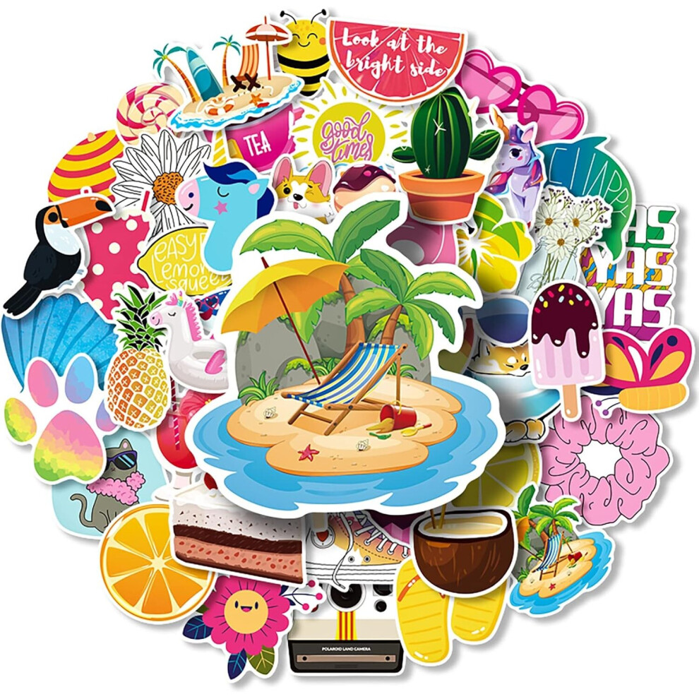 Tianfu 50Pcs Summer Beach Stickers Colorful Animals Waterproof Vinyl Stickers For Water Bottles, Laptops, Cell Phones, Skateboards For Teens