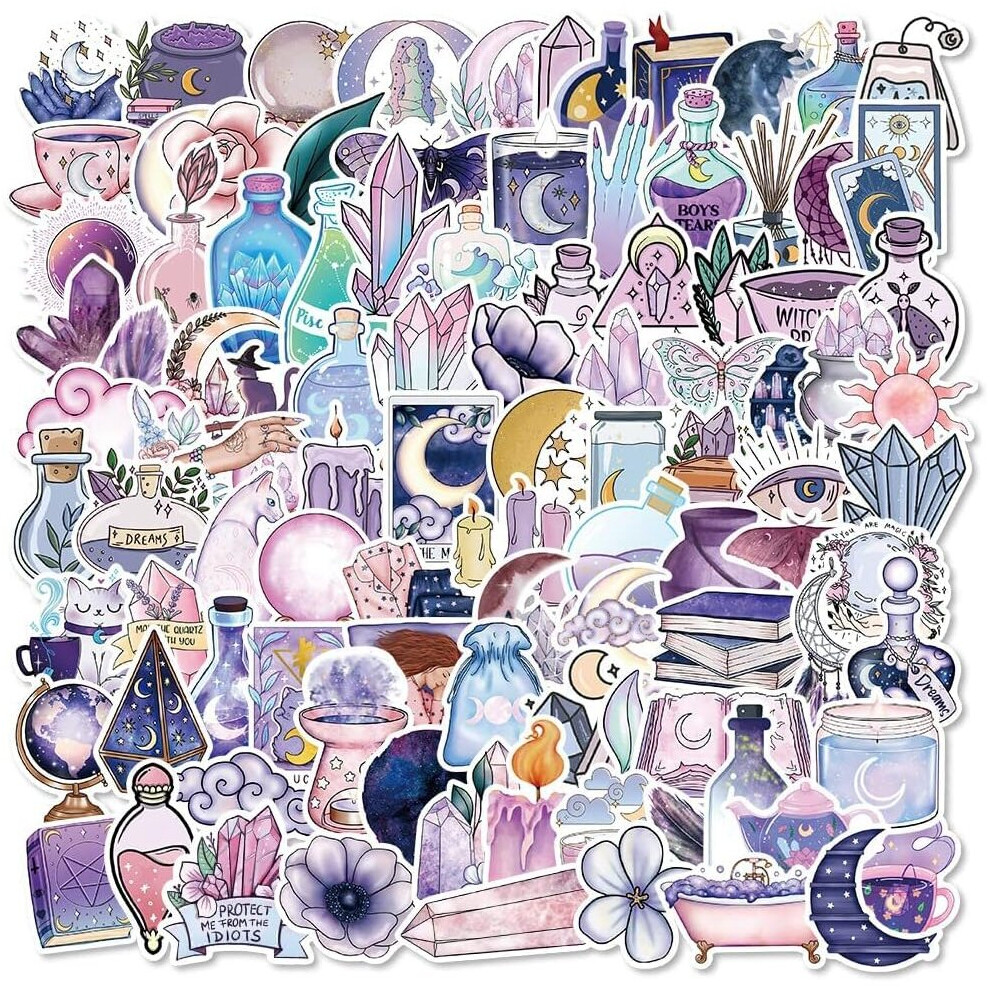 Tianfu 100Pcs Witch Stickers, Magic Moon Stickers, Apothecary Aesthetic Stickers, Vinyl Waterproof Stickers For Water Bottles, Laptops, Phone, Skateboards Purple