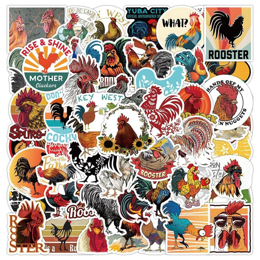 Tianfu 50Pcs Chicken Stickers,Vinyl Waterproof Stickers For Water Bottle,Laptop,Skateboard,Luggage,Cars,Phone,Rooster Decals,Gift For Kids,Teens,Adults