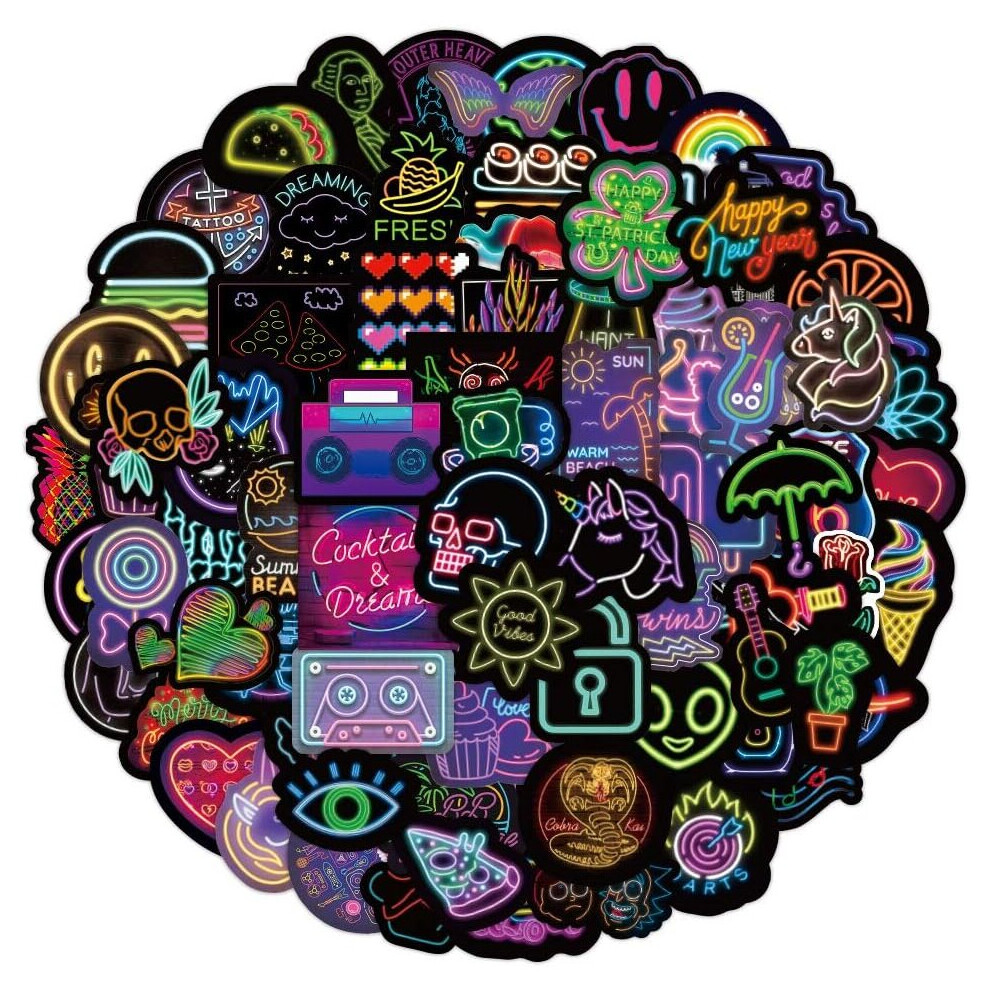 Tianfu 100 Pcs Cute Neon Style Stickers For Kids Waterproof Vinyl Stickers For Hydroflask, Phone, Skateboard, Laptop Sticker Packs For Girls & Teens