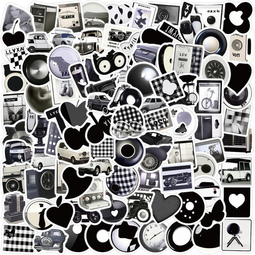 100Pcs Black and White Stickers for Water Bottle, Waterproof Vinyl Small Stickers for Laptop, Luggage, Skateboard, Bike, Vintage Graffiti Stickers