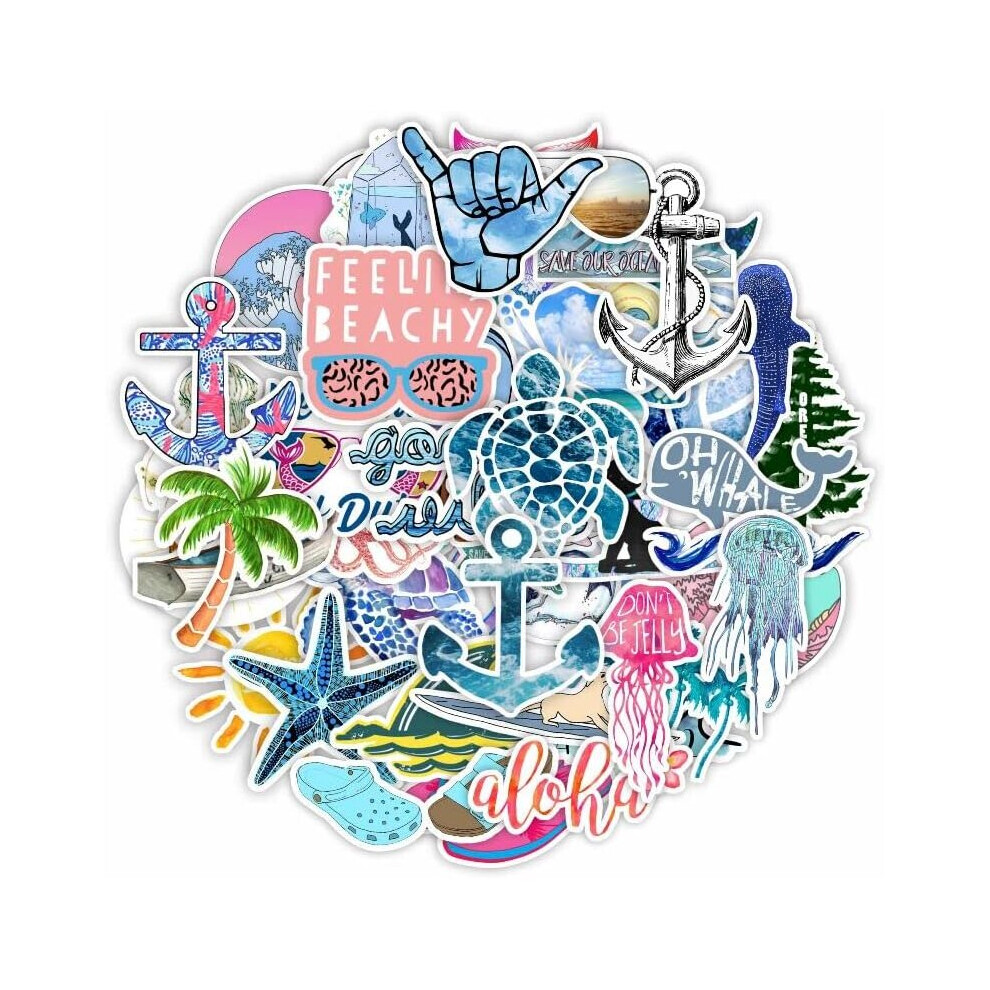 Tianfu 50 Pcs Sea Stickers Vacation Decals For Water Bottle Hydro Flask Laptop Luggage Car Bike Bicycle Waterproof Vinyl Beach Surfing Stickers Pack