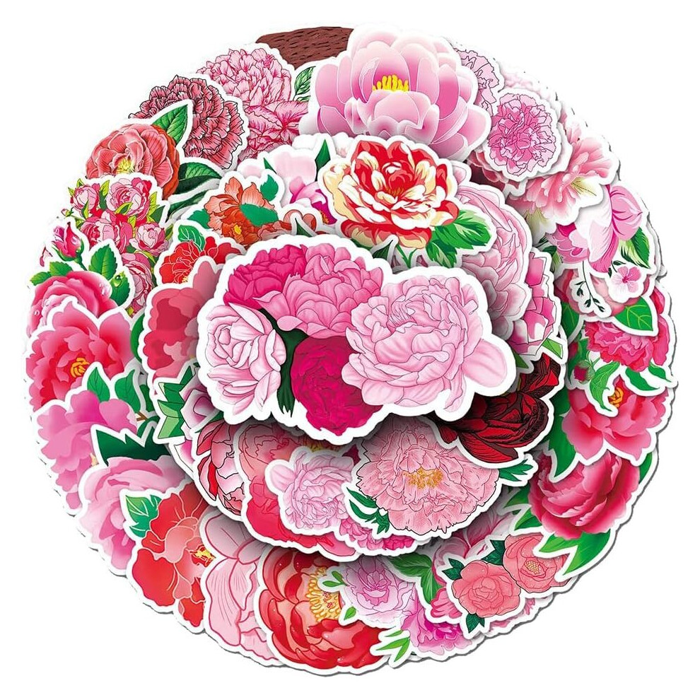 Tianfu Aesthetic Peony Vinyl Stickers Waterproof Decorative Stickers For Waterbottles Notebook Laptop Cup Car Scrapbook,Trendy Flowers Decals Pack(50Pcs)