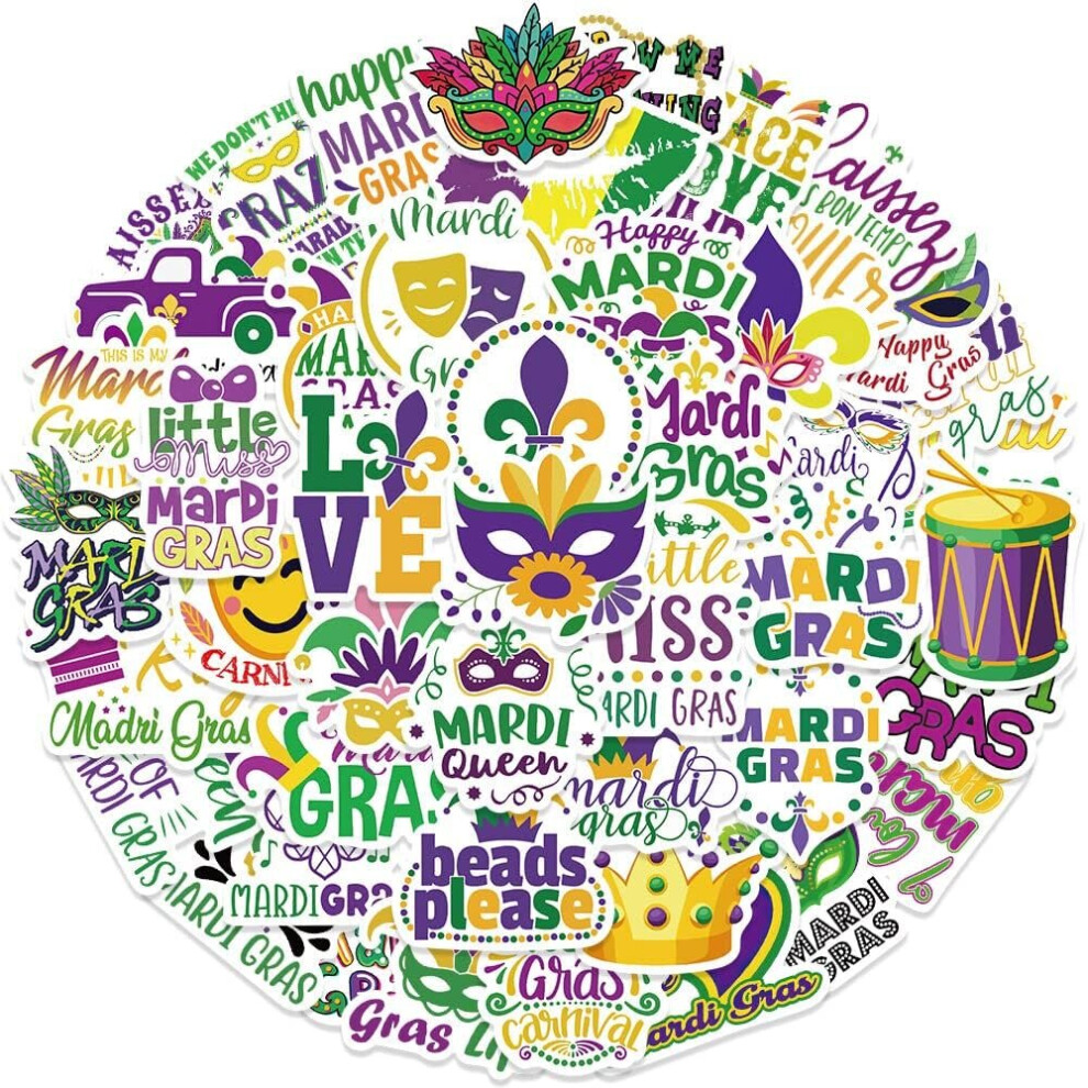 Tianfu 50 Pcs Mardi Gras Stickers,Carnival Stickers,Vinyl Waterproof Stickers For Laptop,Water Bottles,Luggage,Computer,Cellphone,Skateboard,Guitar,Flag