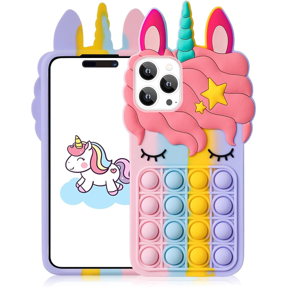 iPhone 14 Pro Phone Case, Girls Silicone Bubble Fidget Cartoon Push Pop Toys with Strap Cute Funny Stress Relief Protective Cover - Rainbow-image-OPC-PCHT2KT-NEW