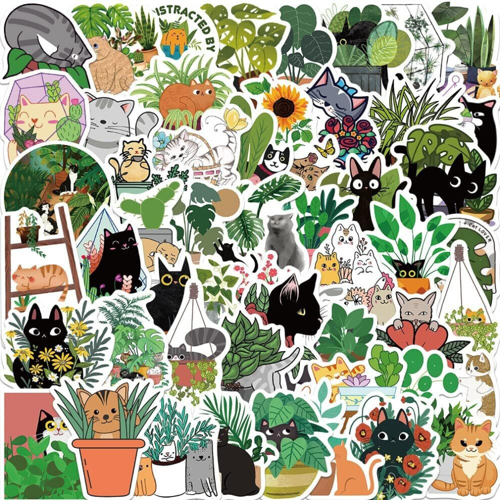 50 Pack Plant Cat Stickers Green Potted Water Bottle Notebook Phone Motorcycle Guitar Skateboard Vinyl Waterproof Stickers for Teen Adults