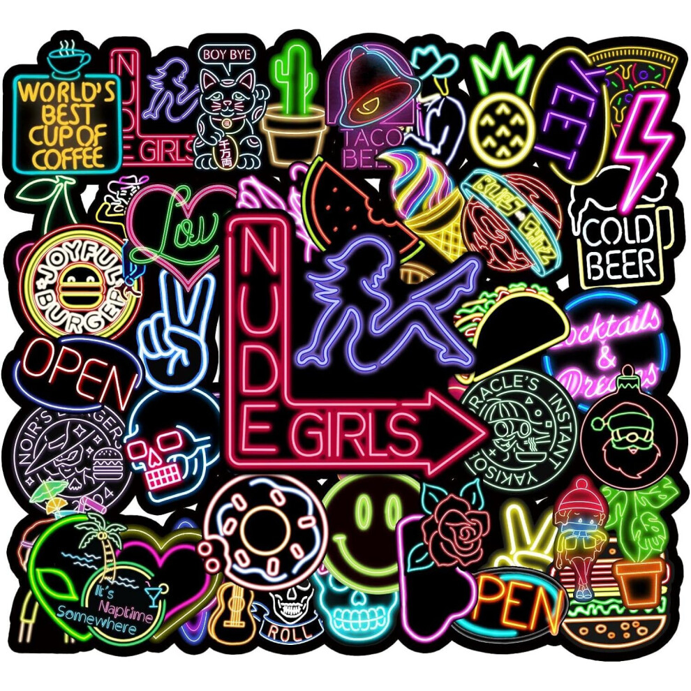 Neon Stickers Waterproof 50pcs for Water Bottles Adults Teens Girls Boys Cool Vinyl Stickers for Computer Cars Party Supplies Laptop Journaling