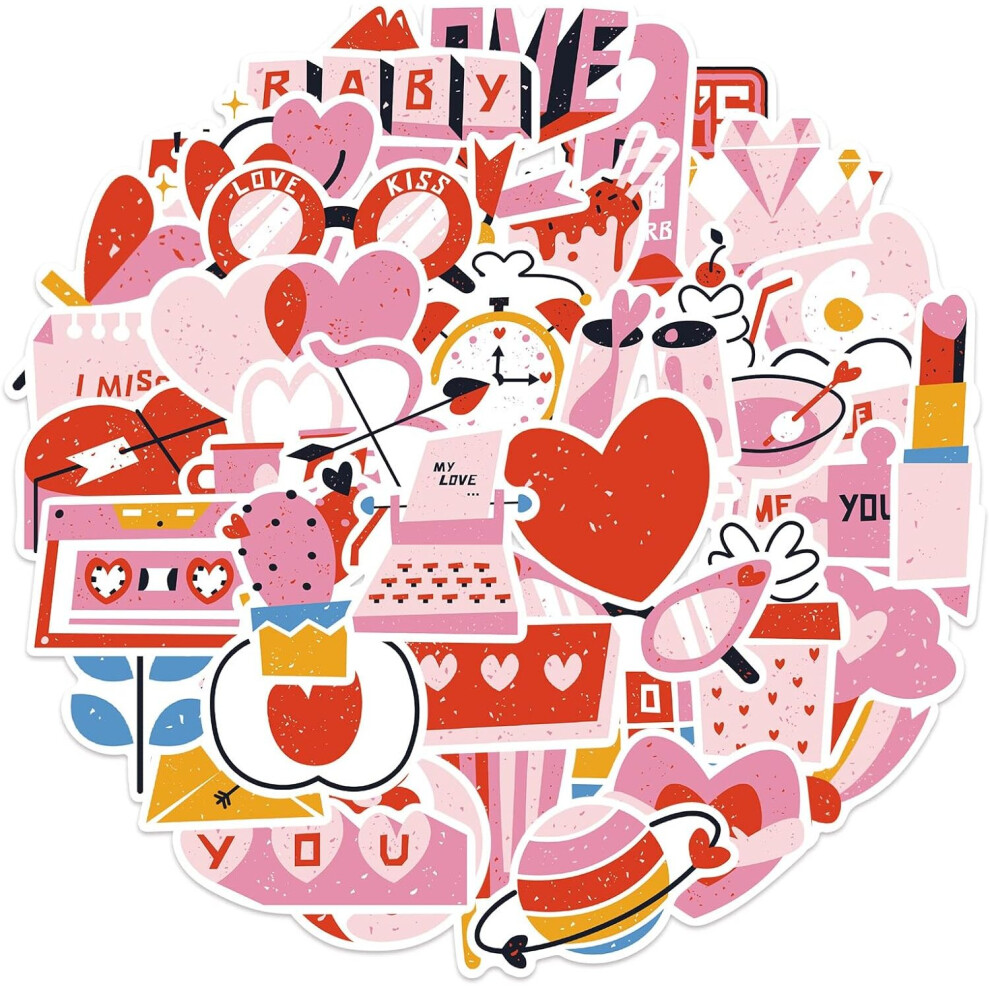 Pink Love Stickers for Adults Women Girls Teens Vinyl Waterproof Water Bottle Stickers for Laptop Scrapbook Computer Journaling Phone 50 Pcs