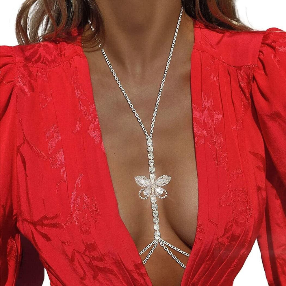 Body Chain Bra Butterfly Chest Chain Bikini Jewelry Rhinestone Crystal Sparkling Rave Body Accessories For Women And Girls (Silver) Silver