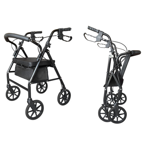 Folding Rollator Wheeled Walker Walking Frame W/ Seat Bag & Wheels