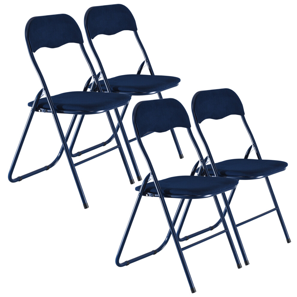 (Blue, Ribcord) 4x Folding Lightweight Chair Set Metal Frame Seats