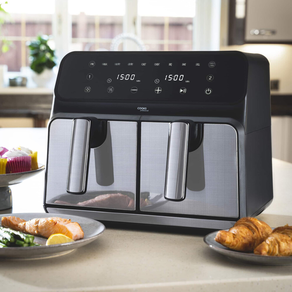 Air Fryer Dual Digital 8L XL 2400W Timer Double Drawers Healthy Cooker - Silver