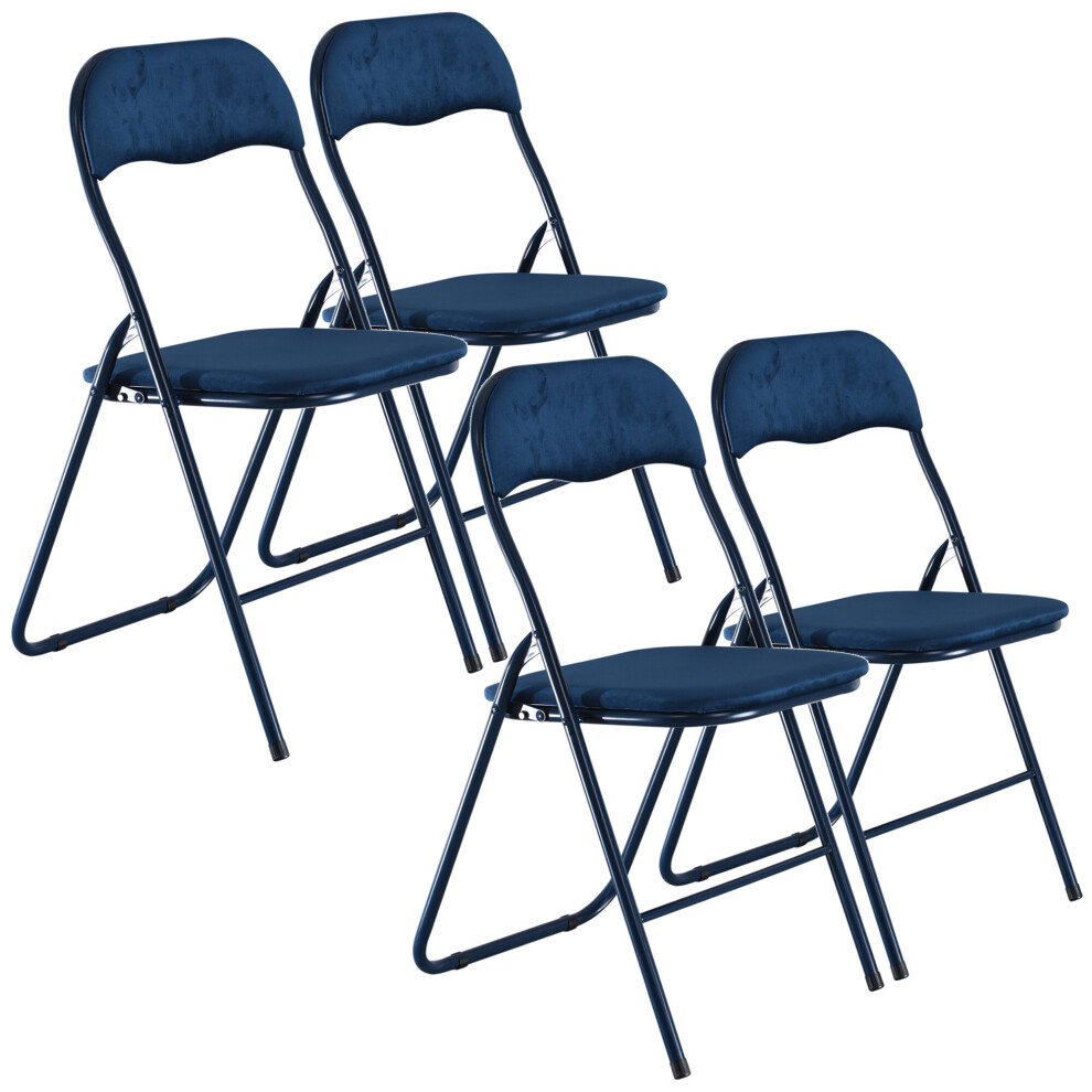 (Blue, Velvet) 4x Folding Lightweight Chair Set Metal Frame Seats