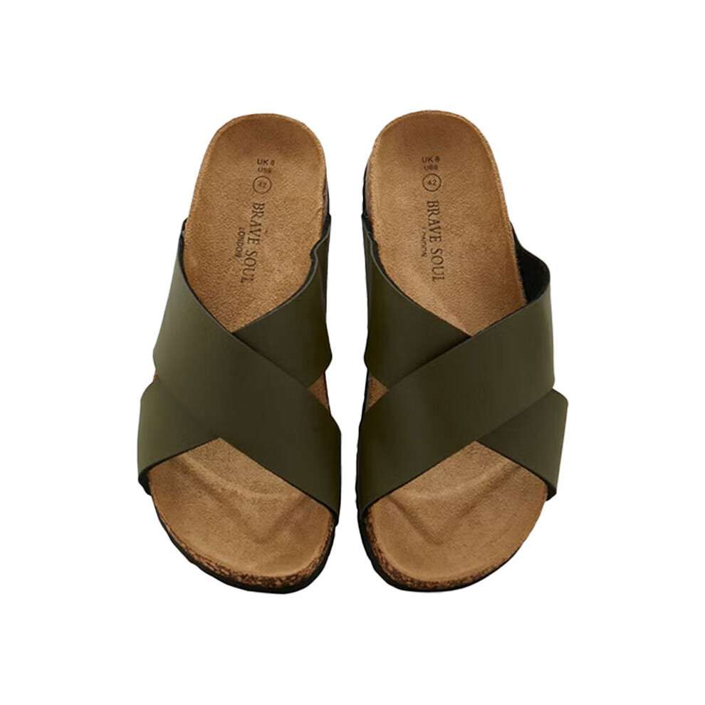 (Khaki, UK 10 ) BRAVE SOUL Mens Cross Over Sandals Beach Sliders