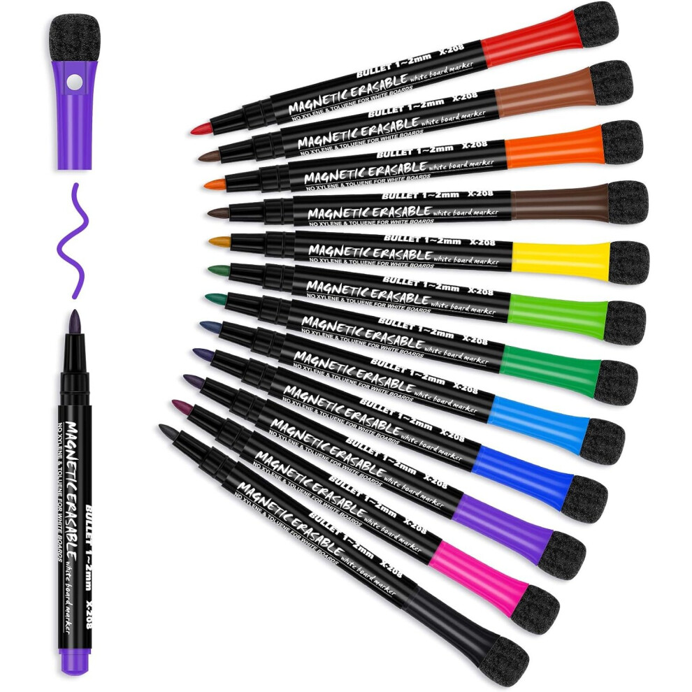 12 Magnetic Whiteboard Pens and Eraser set Fine Tip White Board White Board Markers Erasable Dry Wipe Markers Whiteboard Pen Kids Dry Erase Marker