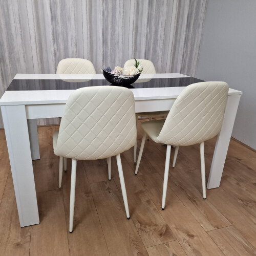 White Black Dining Table Wooden with 4 Cream Stitched Leather Chairs 1