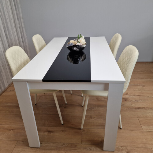 White Black Dining Table Wooden with 4 Cream Stitched Leather Chairs 2
