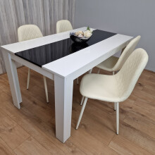 White Black Dining Table Wooden with 4 Cream Stitched Leather Chairs