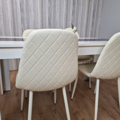 Wooden White Black Dining Table with 4 Cream Stitched Leather Chairs 2